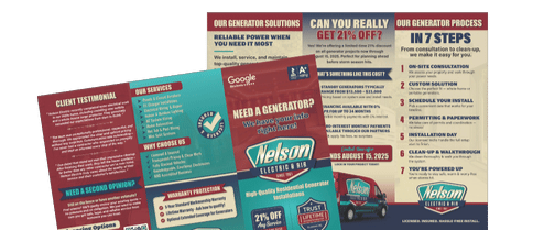 Inside and outside of Nelson Electric & Air's generator trifold brochure.